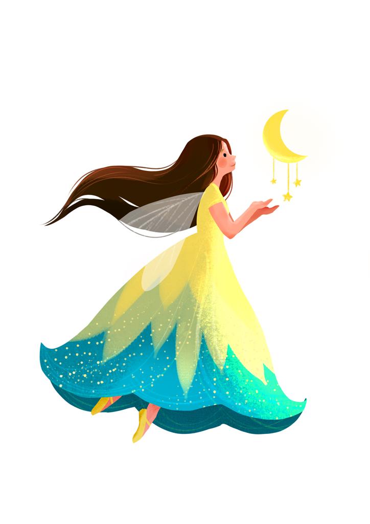 Ophelia the fairy looking at moon and stars